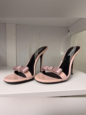 Versace Blush Pink Patent Leather Stiletto Sandals with Bow Medallion